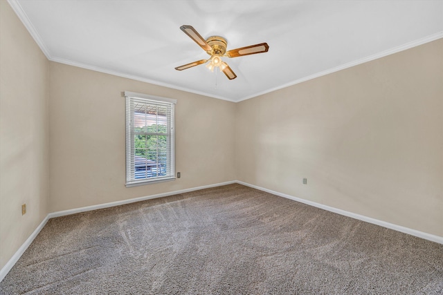 unfurnished room featuring carpet flooring, baseboards, ceiling fan, and ornamental molding