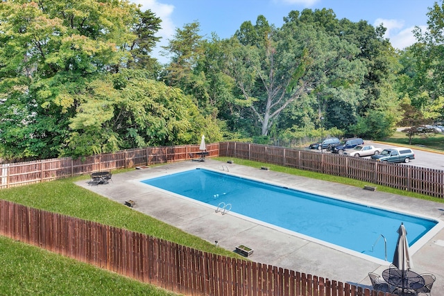 view of swimming pool with a fenced backyard and a patio