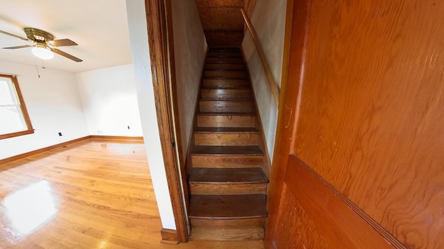 stairs featuring wood finished floors, a ceiling fan, and baseboards