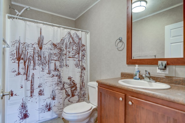 1944 Dickerson Mill Rd, Bedford, VA 24523 - full bathroom featuring a textured ceiling, crown molding, toilet, vanity, and curtained shower