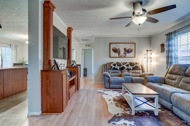 1944 Dickerson Mill Rd, Bedford, VA 24523 - living area with a ceiling fan, a textured ceiling, light wood-style flooring, ornamental molding, and baseboards