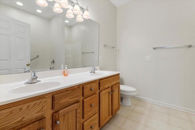 6618 Hartman Ct, Roanoke, VA 24019 - full bathroom featuring tile patterned floors, double vanity, toilet, baseboards, and a shower