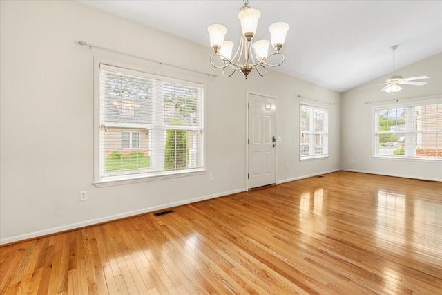 6618 Hartman Ct, Roanoke, VA 24019 - foyer entrance featuring light wood-style floors, baseboards, lofted ceiling, a chandelier, and ceiling fan