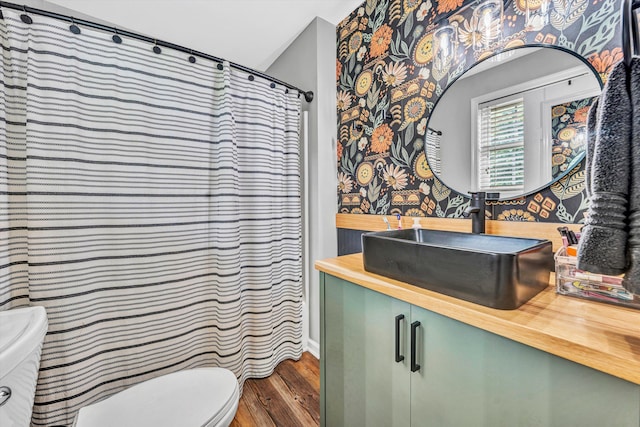 60 Surber Dr, Moneta, VA 24121 - bathroom with toilet, wood finished floors, vanity, and wallpapered walls