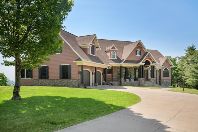 493 Pops Peak Rd, Fancy Gap, VA 24328 - view of front of property with driveway, stone siding, and a front lawn