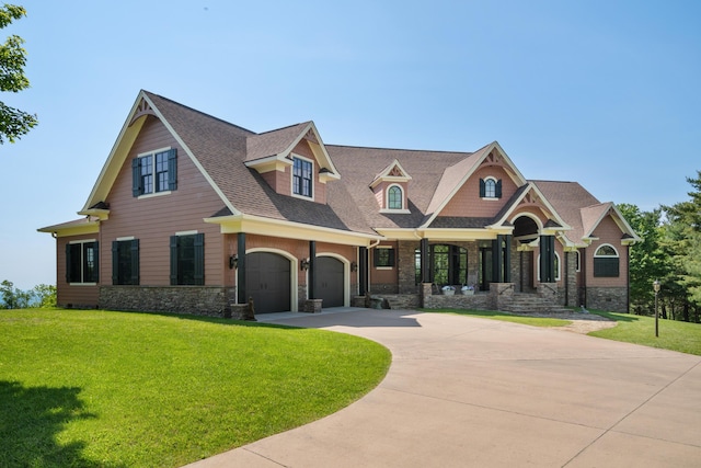 493 Pops Peak Rd, Fancy Gap, VA 24328 - craftsman-style house featuring stone siding, driveway, a front lawn, and a shingled roof