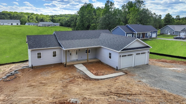 105 Belvior Cir, Moneta, VA 24121 - ranch-style house with a shingled roof, an attached garage, gravel driveway, a porch, and a front lawn