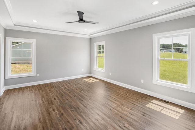 105 Belvior Cir, Moneta, VA 24121 - spare room with ornamental molding, ceiling fan, dark wood-type flooring, and recessed lighting