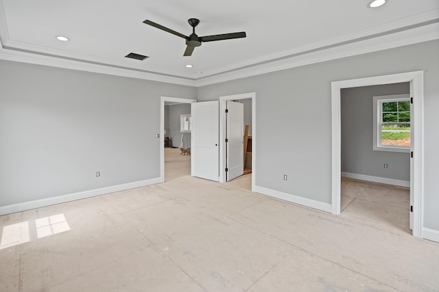 105 Belvior Cir, Moneta, VA 24121 - unfurnished bedroom featuring crown molding, baseboards, recessed lighting, a ceiling fan, and ensuite bath