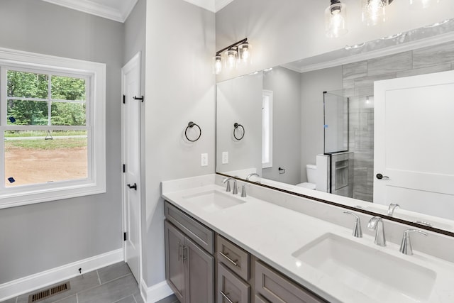 105 Belvior Cir, Moneta, VA 24121 - full bathroom with ornamental molding, double vanity, tiled shower, and tile patterned floors