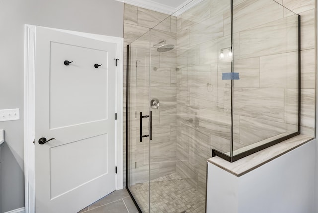 105 Belvior Cir, Moneta, VA 24121 - full bathroom with a stall shower, crown molding, and tile patterned flooring
