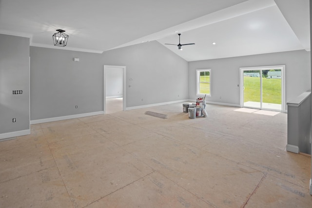 105 Belvior Cir, Moneta, VA 24121 - unfurnished living room featuring baseboards, ceiling fan, and high vaulted ceiling