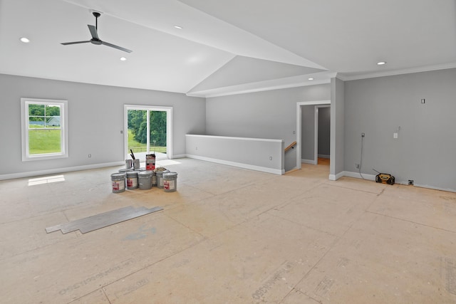 105 Belvior Cir, Moneta, VA 24121 - spare room with ceiling fan, baseboards, lofted ceiling, recessed lighting, and crown molding