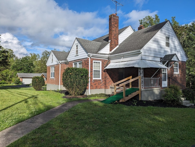 1987 Franklin St, Rocky Mount, VA 24151 - rear view of house with brick siding, a lawn, a chimney, and roof with shingles