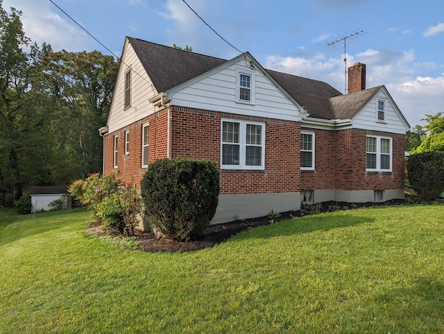 1987 Franklin St, Rocky Mount, VA 24151 - view of side of home with brick siding, a lawn, a chimney, and a shingled roof