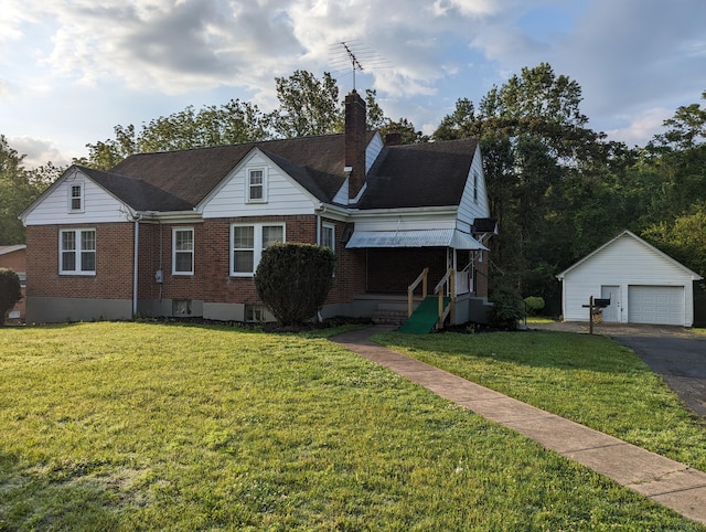 1987 Franklin St, Rocky Mount, VA 24151 - view of front facade with brick siding, an outbuilding, a detached garage, a chimney, and a front lawn