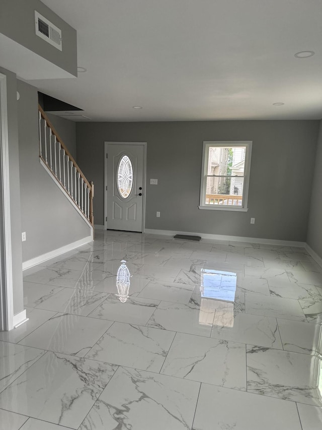 321 Patton Ave NW, Roanoke, VA 24016 - entryway featuring baseboards, stairway, light marble finish flooring, and recessed lighting