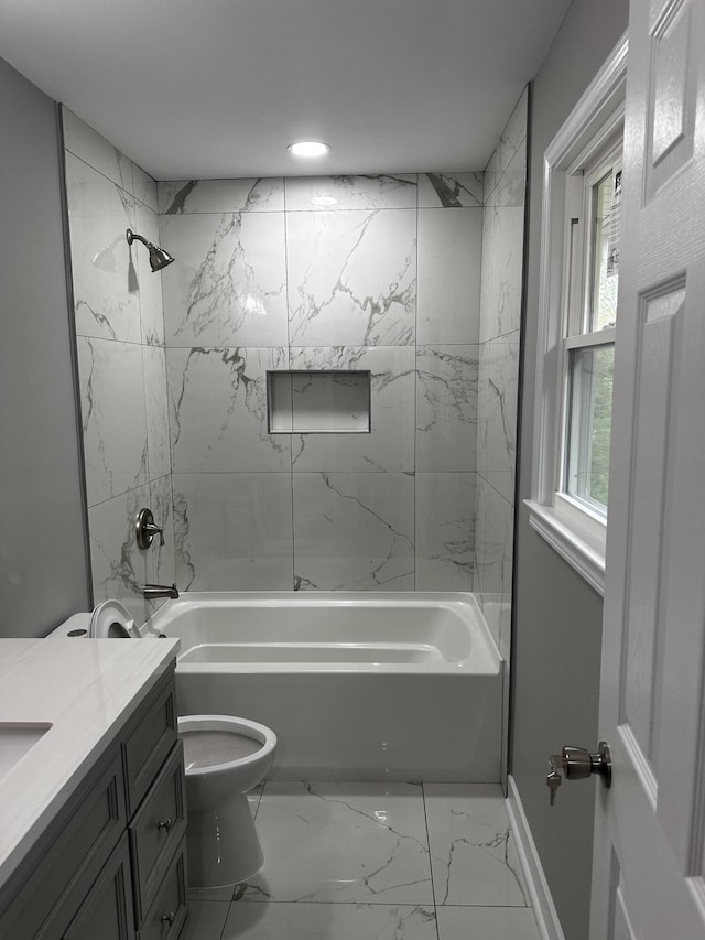321 Patton Ave NW, Roanoke, VA 24016 - full bathroom with marble look tile flooring, toilet, shower / washtub combination, vanity, and baseboards
