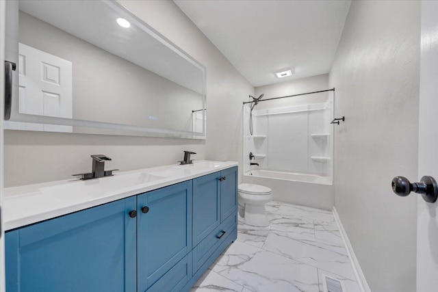 bathroom featuring toilet, double vanity, baseboards, marble look tiles, and  shower combination