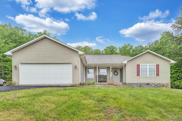 338 White Oak Ln, New Castle, VA 24127 - ranch-style house featuring a front lawn, driveway, an attached garage, and crawl space