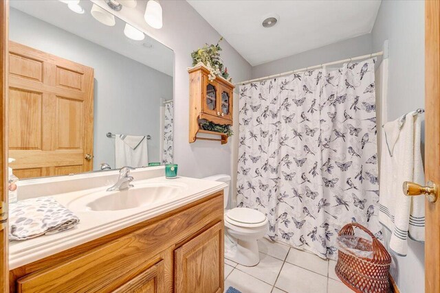 338 White Oak Ln, New Castle, VA 24127 - bathroom with vanity, tile patterned floors, toilet, and a shower with shower curtain