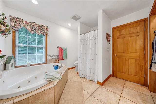 338 White Oak Ln, New Castle, VA 24127 - full bath featuring toilet, a whirlpool tub, tile patterned floors, recessed lighting, and curtained shower