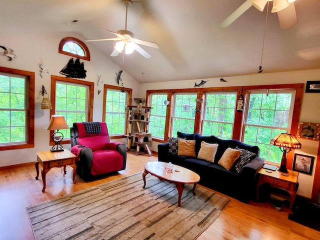 1652 Happy Acres Dr, Moneta, VA 24121 - living area with a ceiling fan, vaulted ceiling, plenty of natural light, and wood finished floors
