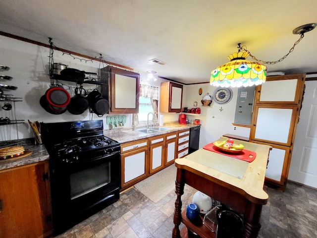 1652 Happy Acres Dr, Moneta, VA 24121 - kitchen featuring black appliances, a sink, electric panel, and dark stone finish floors