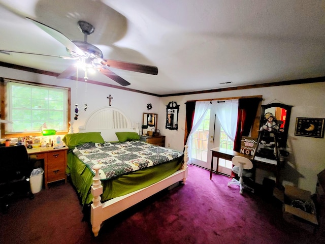 1652 Happy Acres Dr, Moneta, VA 24121 - carpeted bedroom with ornamental molding, a ceiling fan, and access to outside
