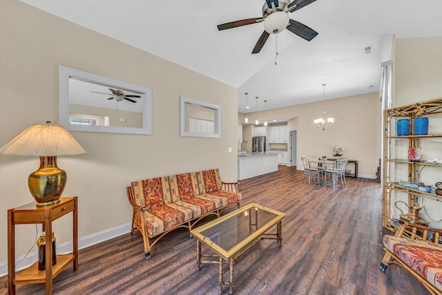 115 Professional Dr, Hardy, VA 24101 - living area with a ceiling fan, dark wood-type flooring, vaulted ceiling, a chandelier, and baseboards