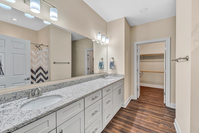 115 Professional Dr, Hardy, VA 24101 - full bathroom with wood finished floors, double vanity, baseboards, a shower with curtain, and a spacious closet