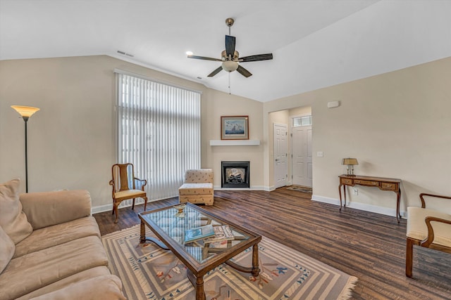 115 Professional Dr, Hardy, VA 24101 - living area featuring lofted ceiling, baseboards, ceiling fan, a fireplace, and wood finished floors