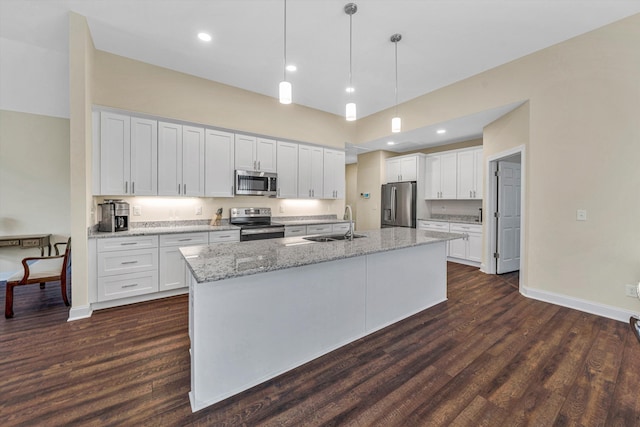 115 Professional Dr, Hardy, VA 24101 - kitchen featuring appliances with stainless steel finishes, white cabinetry, an island with sink, baseboards, and recessed lighting