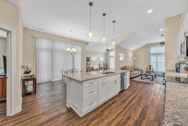 115 Professional Dr, Hardy, VA 24101 - kitchen with a sink, open floor plan, dark wood-style floors, appliances with stainless steel finishes, and lofted ceiling
