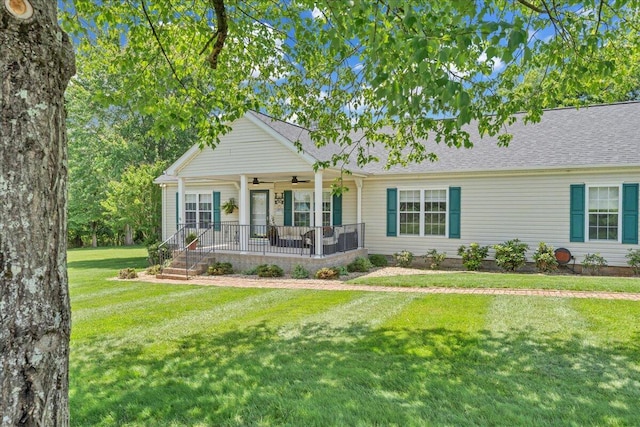 414 Mallard Cove Rd, Moneta, VA 24121 - view of front of property featuring covered porch, ceiling fan, a front lawn, and roof with shingles
