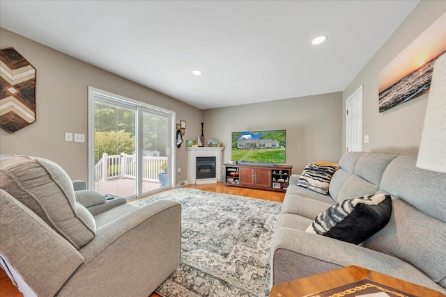 414 Mallard Cove Rd, Moneta, VA 24121 - living area featuring wood finished floors, recessed lighting, and a glass covered fireplace