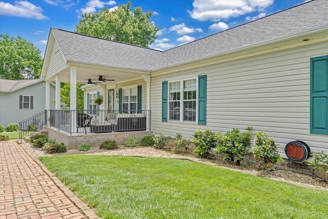 414 Mallard Cove Rd, Moneta, VA 24121 - rear view of property featuring covered porch, a lawn, a shingled roof, and ceiling fan