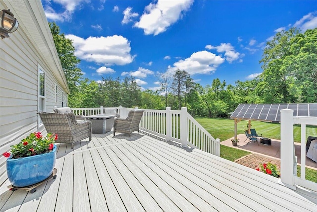 414 Mallard Cove Rd, Moneta, VA 24121 - wooden deck featuring a yard, an outdoor hangout area, and view of wooded area