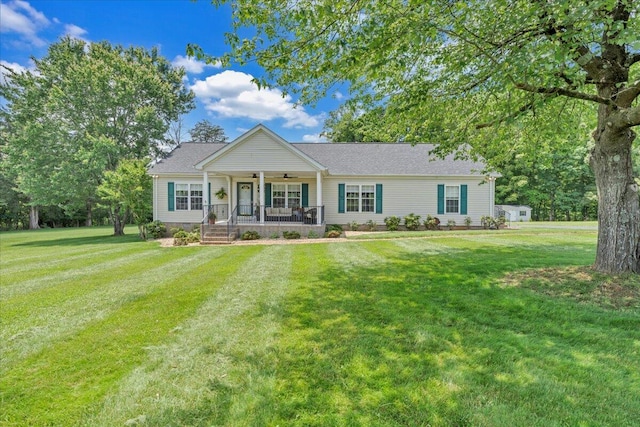 414 Mallard Cove Rd, Moneta, VA 24121 - single story home featuring covered porch, ceiling fan, and a front yard