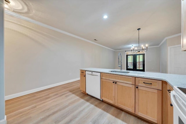 2521 Feather Garden Cir, Vinton, VA 24179 - kitchen featuring a sink, white dishwasher, light wood-style flooring, crown molding, and a chandelier