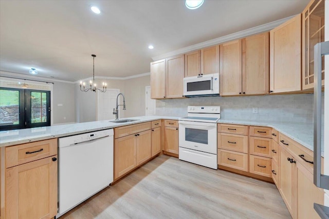 2521 Feather Garden Cir, Vinton, VA 24179 - kitchen with white appliances, light brown cabinets, a sink, light wood-style flooring, and crown molding