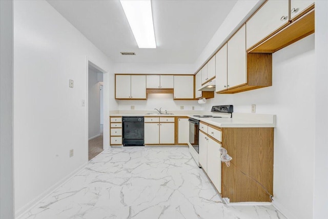 7204 Snowberry Cir, Roanoke, VA 24019 - kitchen with electric range, black dishwasher, a sink, light marble finish flooring, and light countertops