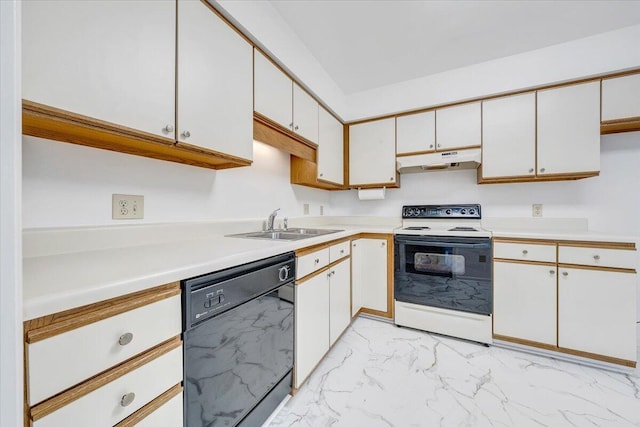 7204 Snowberry Cir, Roanoke, VA 24019 - kitchen featuring electric range oven, black dishwasher, under cabinet range hood, light marble finish floors, and a sink