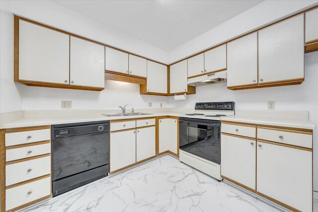 7204 Snowberry Cir, Roanoke, VA 24019 - kitchen featuring white electric stove, black dishwasher, a sink, light marble finish flooring, and under cabinet range hood