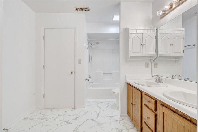 7204 Snowberry Cir, Roanoke, VA 24019 - bathroom with marble look tile flooring, double vanity, toilet, shower / bath combination, and baseboards