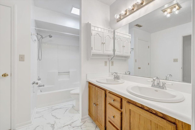 7204 Snowberry Cir, Roanoke, VA 24019 - bathroom with marble finish floors, double vanity, shower / tub combination, toilet, and baseboards