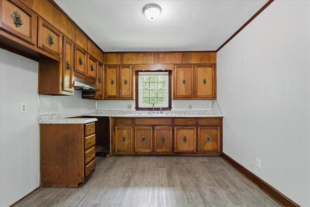kitchen with brown cabinets, under cabinet range hood, light wood-style floors, and light countertops