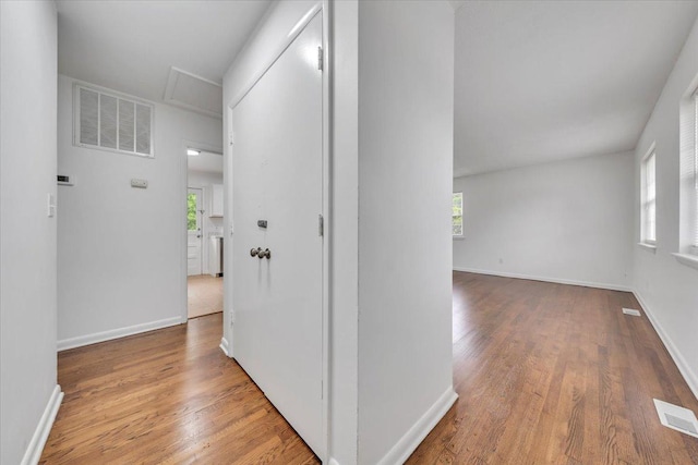 corridor with plenty of natural light, wood finished floors, and baseboards