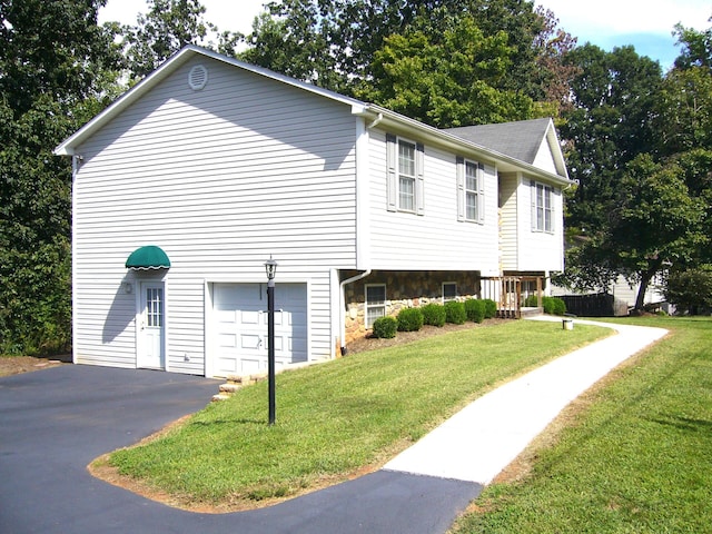 315 Northridge Rd, Hardy, VA 24101 - view of side of property featuring an attached garage, a lawn, asphalt driveway, and stone siding