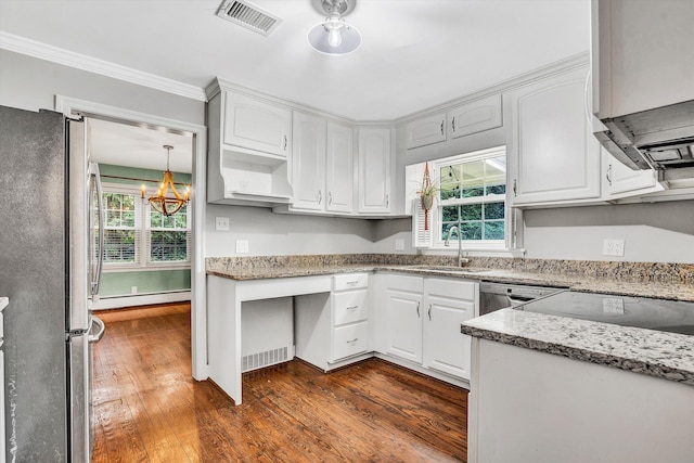 2848 Longview Ave SW, Roanoke, VA 24014 - kitchen with appliances with stainless steel finishes, a sink, a baseboard heating unit, dark wood-type flooring, and plenty of natural light